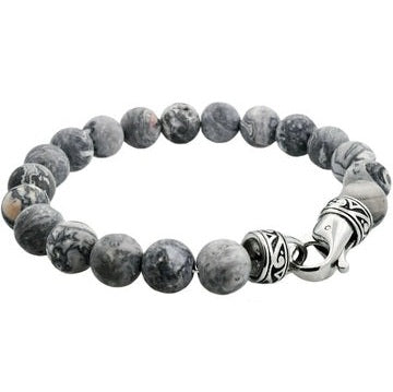 Men's Genuine 10MM Gray Jasper Stainless Steel Beaded Bracelet