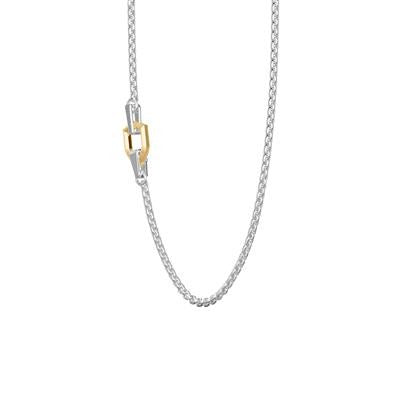 24 Inch Shield Sterling Silver Box Chain Necklace with Bold Yellow Gold Placed Shield Accent and Silver Rhodium Finish