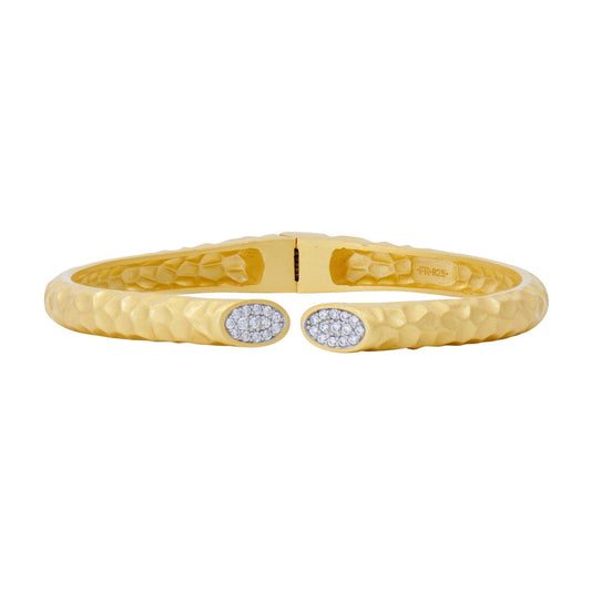 Sterling Silver 14k Yellow Gold Plated City Pave Edge Hammered Cuff Bangle Bracelet