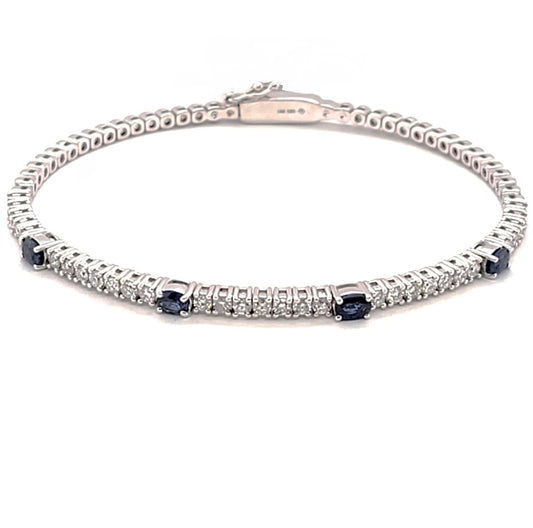 14k White Gold 0.87Ct Sapphire, 0.99Ct Diamond Flexible Bangle Bracelet