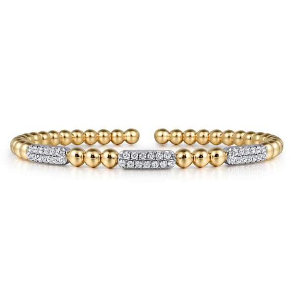 14K White and Yellow Gold 0.51ct Diamond Pave Three Station Bar Bujukan Beads Split Bangle Bracelet