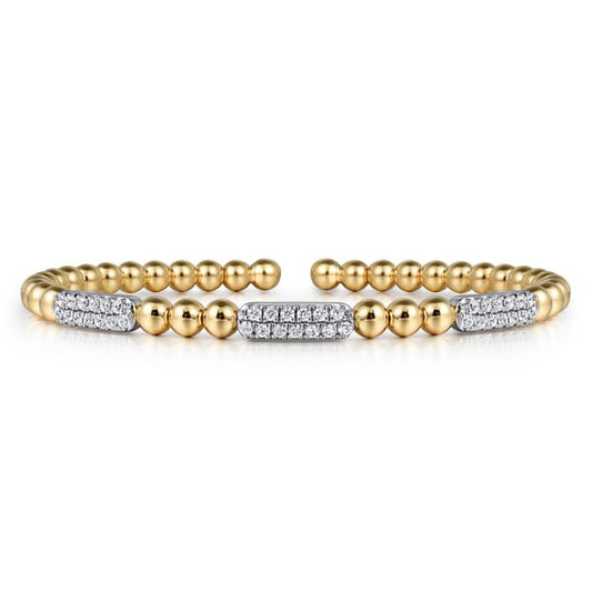 14K White and Yellow Gold 0.51ct Diamond Pave Three Station Bar Bujukan Beads Split Bangle Bracelet
