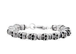Stainless Steel Mens Gray Jasper Beaded Bracelet with Skulls