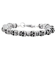 Stainless Steel Mens Gray Jasper Beaded Bracelet with Skulls