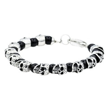 Stainless Steel Mens Onyx Beaded Bracelet with Skulls