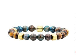 Stainless Steel Mens Blue Crazy Lace and Tiger Eye Beaded Bracelet
