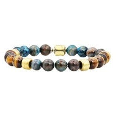 Stainless Steel Mens Blue Crazy Lace and Tiger Eye Beaded Bracelet