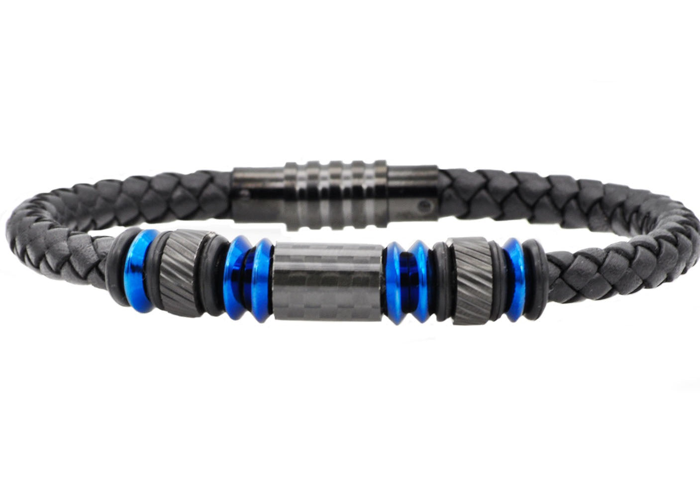 Stainless Steel Mens Black Leather Blue Steel and Carbon Fiber Bracelet