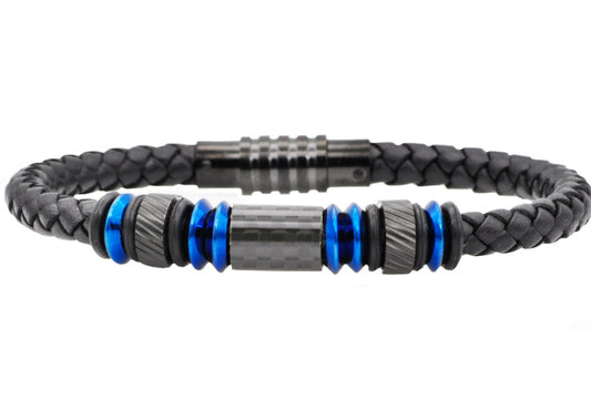 Stainless Steel Mens Black Leather Blue Steel and Carbon Fiber Bracelet
