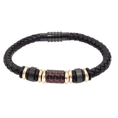 Men's Black Leather Rose Gold Stainless Steel Bracelet With Carbon Fiber