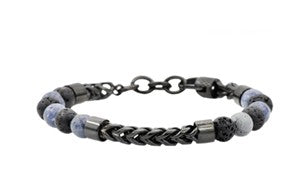 Stainless Steel Mens Labradorite and Onyx Beaded Black Steel and Franco Link Bracelet