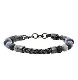 Stainless Steel Mens Labradorite and Onyx Beaded Black Steel and Franco Link Bracelet