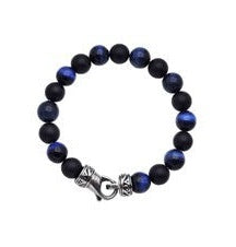 Stainless Steel Mens 10mm Blue Tiger Eye Beaded Bracelet
