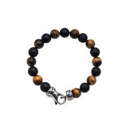 Stainless Steel Mens Onyx and Tiger Eye Beaded Bracelet
