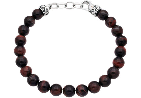 Men's Genuine 8mm Red Tiger Eye Bead Stainless Steel Bracelet