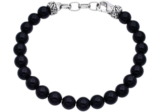 Men's Genuine 8mm Onyx Stainless Steel Beaded Bracelet