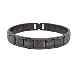 Stainless Steel Mens Blue Carbon Fiber with Black Cubic Zirconia Bracelet