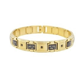Stainless Steel Mens Gold Tone Carbon Fiber with Black Cubic Zirconia Bracelet