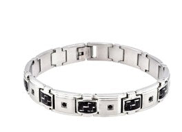 Stainless Steel Mens Black Carbon Fiber with Black Cubic Zirconia Bracelet