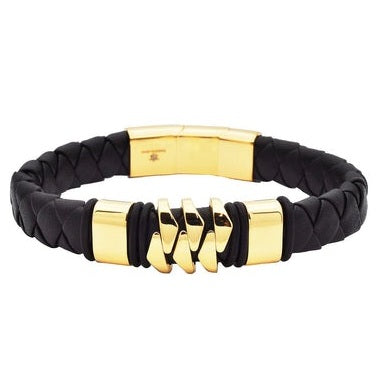 Men's Genuine Gold Plated Leather Black Stainless Steel Bracelet