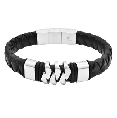 Men's Genuine Black Leather Stainless Steel Bracelet