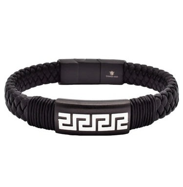Men's Black Leather Greek Key Stainless Steel Bracelet