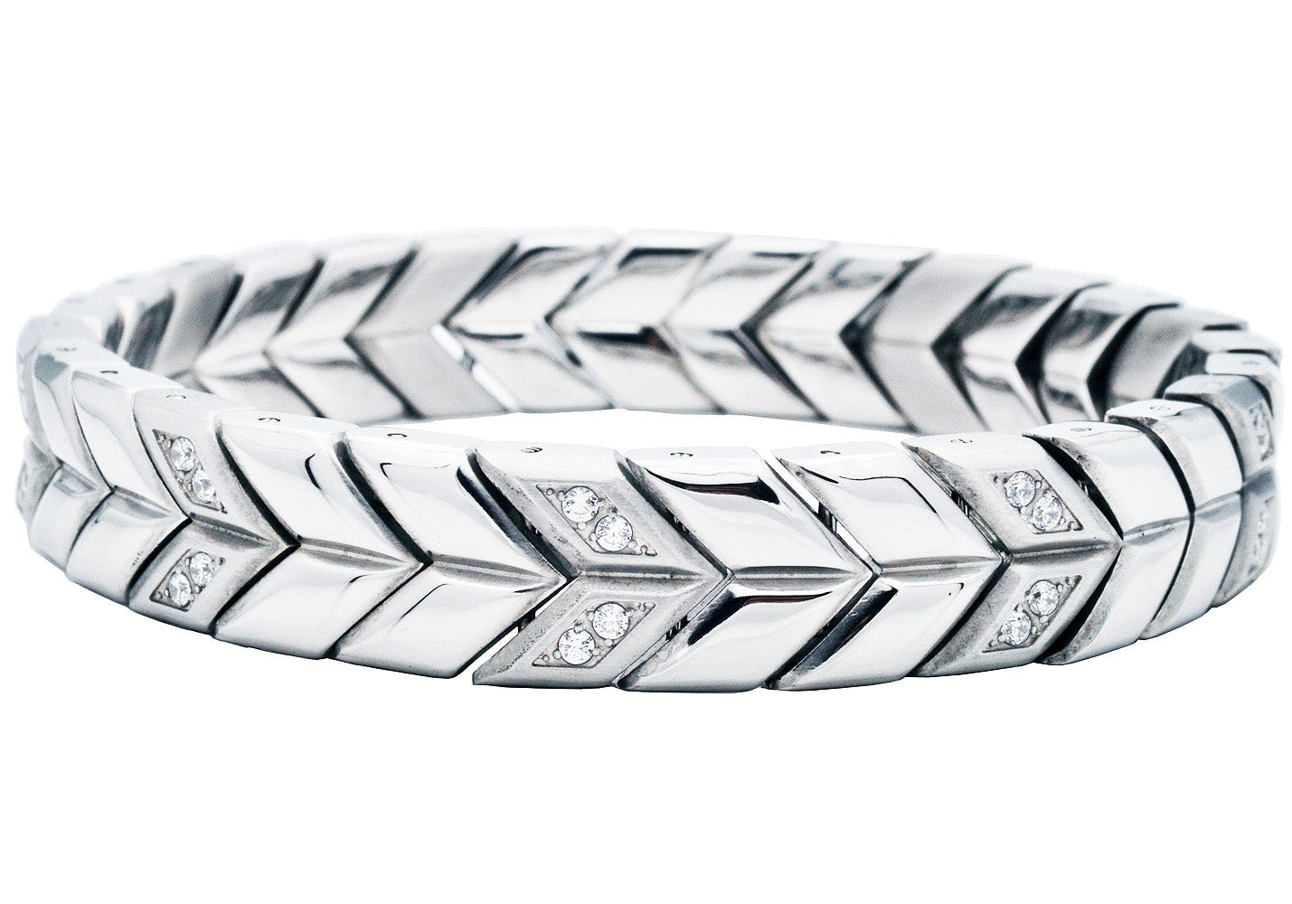 Men's 12mm Chevron Woven Stainless Steel Bracelet With Cubic Zirconia