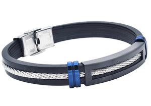 Men's Black Silicone Black and Blue Stainless Steel Wire Bangle Bracelet