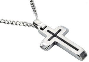 Men's Stainless Steel Cross Pendant Necklace With 24 Inch Curb Chain