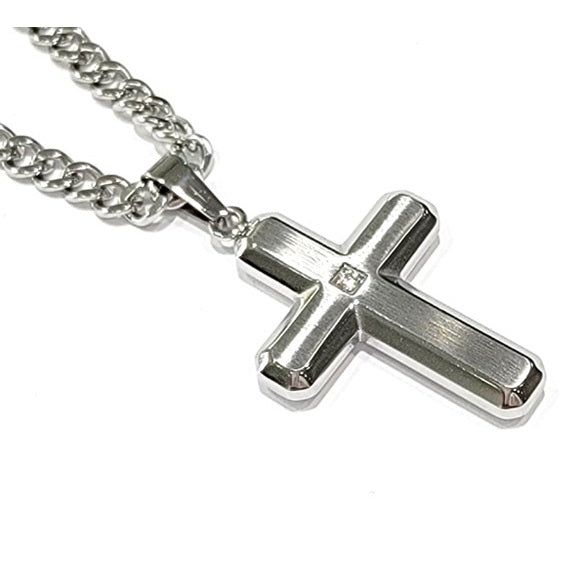 Stainless Steel Mens Cross  with CZ Pendant with 24" Round Box Chain