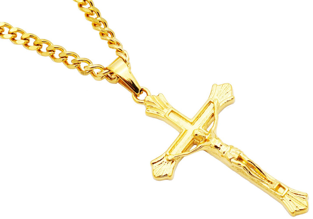 Men's Gold Stainless Steel Crucifix Cross Pendant Necklace With 24 Inch Curb Chain