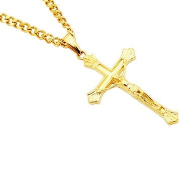 Men's Gold Stainless Steel Crucifix Cross Pendant Necklace With 24 Inch Curb Chain