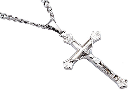 Stainless Steel Mens Crucifix Pendant with 24 Inch Curb Chain