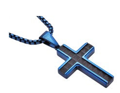 Stainless Steel Mens Blue Plated Cross with 24 Inch Round Blue Plated Box Chain