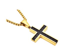 Stainless Steel Mens Gold Plated Cross Pendant with 24" Round Box Chain