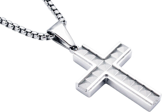 Men's Stainless Steel Cross Pendant Necklace With 24 Inch Round Box Chain