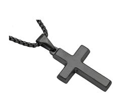 Stainless Steel Mens Black Plated Cross and 24 Inch Round Box Chain