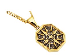 Stainless Steel Mens Gold Plated Compass Pendant with Black CZ and 24 Inch Curb Chain