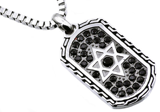 Men's Black Stainless Steel Star Of David Dog Tag Pendant Necklace With Black Cubic Zirconia