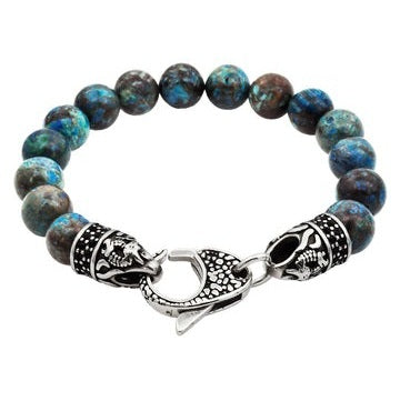 Men's Genuine Green Apatite Stainless Steel Beaded Bracelet  With Black Cubic Zirconia