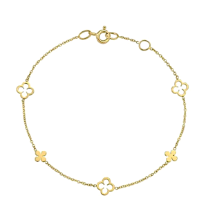 14k Yellow Gold 7" Polished Clover Cable Bracelet with Spring Ring Clasp, Jump Ring at 6.5"