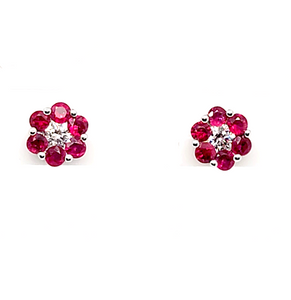 14k White Gold Rubies 0.67Ct, diamonds 0.12Ct Flower Earring