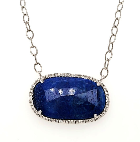 14kt Yellow Gold Lapis 11.89Cts and Diamond 0.16Ct necklace with 59 diamonds