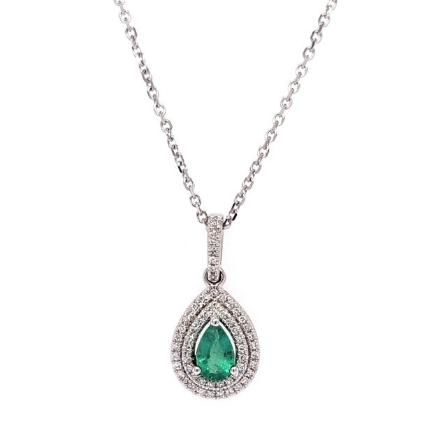 14k White Gold 0.34Ct Pear Shaped Emerald, 0.19Ct Diamond Pendant