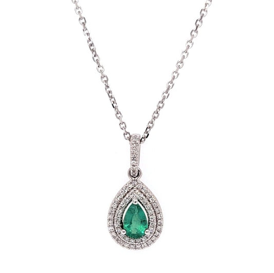 14k White Gold 0.34Ct Pear Shaped Emerald, 0.19Ct Diamond Pendant