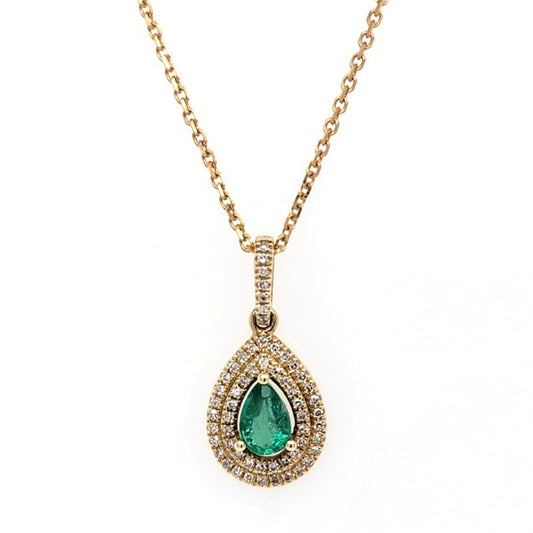 14k Yellow Gold 0.37Ct Pear Shaped Emerald with 0.19Ct double Diamond Halo Ring Pendant