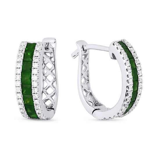 14k White Gold 0.57Ct Emerald and 0.25Ct Diamond Huggie Earring