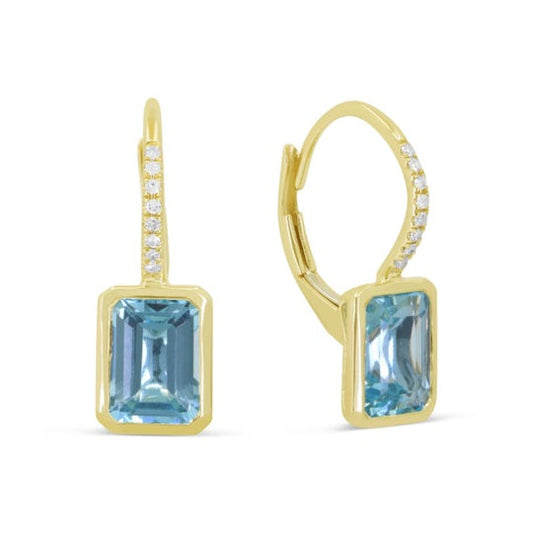 14k Yellow Gold 2.15Ct Swiss Blue Topaz, 0.05Ct Diamond Dangle Earring