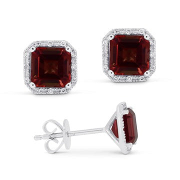 14k White Gold 2.20Ct Garnet, 0.06ct Diamond Stud Earring