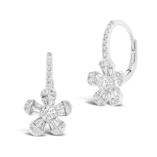 14k White Gold Baguette and Round Diamond Flower Earring with 56 diamonds and total carat weight 0.74Ct.